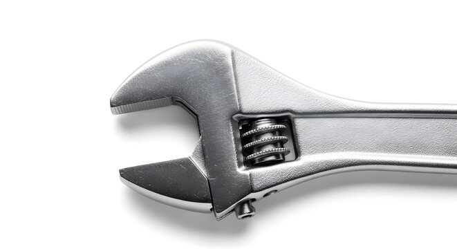 Close up detail of adjustable wrench head isolated on white background.