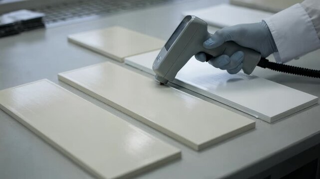 Closeup medium shot of semigloss panels being tested with an opacity meter to assess balanced hiding power and moderate surface glossiness.