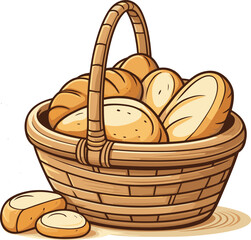 Fresh Baked Artisan Bread in Wicker Basket Illustration - Delicious Assorted Grain Loaves, Rolls, and Baguette Slices for Bakery Branding, Kitchen Decor, Healthy Food Menu, Culinary Clipart, cartoon