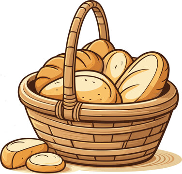 Fresh Baked Artisan Bread in Wicker Basket Illustration - Delicious Assorted Grain Loaves, Rolls, and Baguette Slices for Bakery Branding, Kitchen Decor, Healthy Food Menu, Culinary Clipart, cartoon