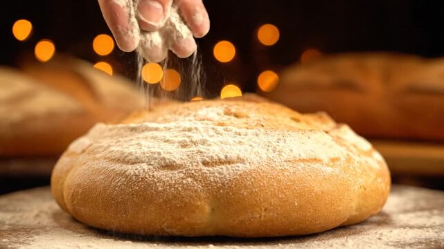 A baker sprinkles flour on a golden brown loaf of bread on a wooden surface.