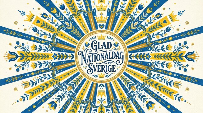 A stylized Nordic sunburst pattern in blue and yellow radiating from the center, with decorative floral elements intertwined, central calligraphy &ldquo;Glad Nationaldag Sverige&rdquo;