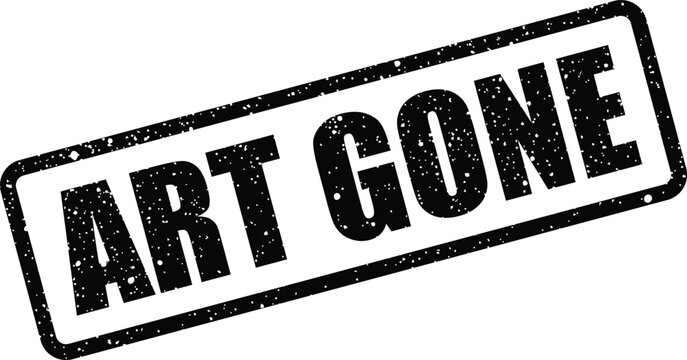 Grungy rubber stamp with ART GONE text conveying a message of completion removal or absence in a square frame