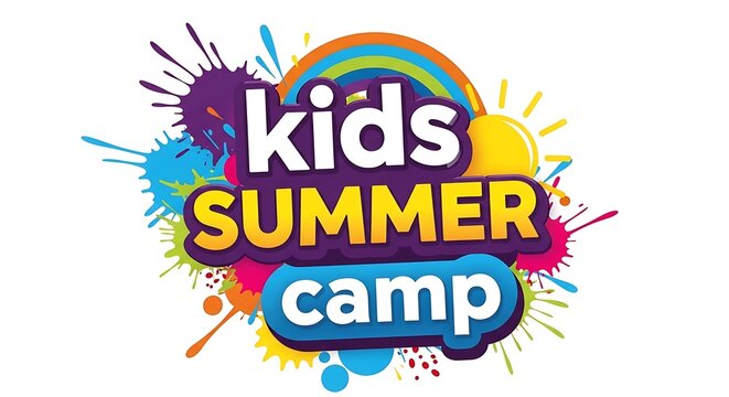 Vibrant kids summer camp logo with rainbow and paint splatters