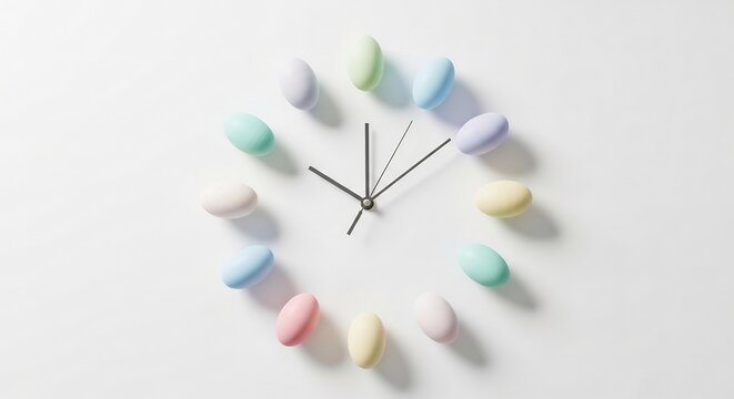 Creative Clock Face Made of Colorful Easter Eggs on White Background.
