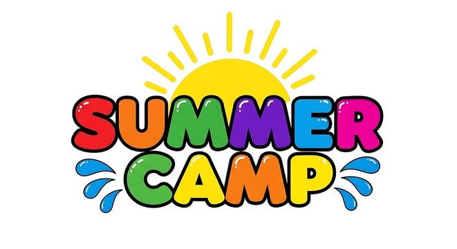Vibrant summer camp logo with sun and splashes
