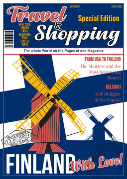Travel and Shopping Magazine Fake Cover. Finland with Love. Finnish Tourist Attraction The Aland Islands Illustration. Old Windmills Panorama, Finland Flag, Vector Template for Touristic Illustrations
