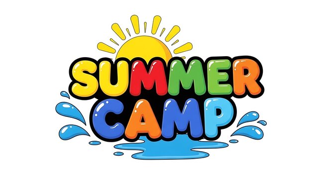 Vibrant summer camp logo with sun and water droplets