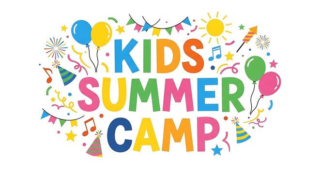 Kids summer camp logo with colorful balloons and confetti