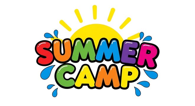 Vibrant summer camp logo with sun and water drops