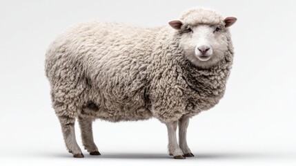 Fototapeta premium A fluffy white sheep stands facing forward against a clean white background