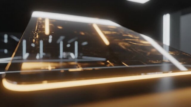 Close-up of a glowing curved glass display with orange rim, reflecting futuristic tech innovation in dark ambient lighting