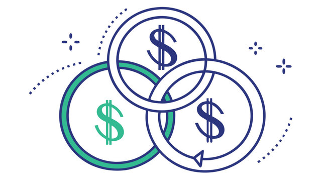 Financial concept mockup with interlocking circles displaying dollar signs, representing income, expenses, and savings in a digital wallet icon