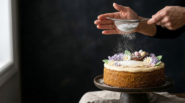 Close-up of hands sifting powdered sugar over an elegant Easter cake decorated with pastel flowers and a chocolate nest with eggs. Dark background enhances the festive atmosphere, highlighting