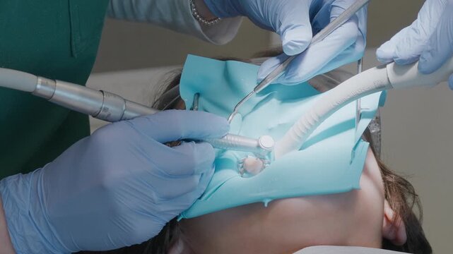 Pediatric dentist operates fast turbine handpiece to prepare cavity while looking through mouth mirror. Assistant works with suction tube. Professional treatment under rubber dam.