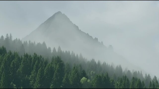 Misty Mountain Landscape - Dramatic Peak Emerging from Fog and Evergreen Forest Serene Wilderness Scene for Travel Adventure and Nature Stock Photography