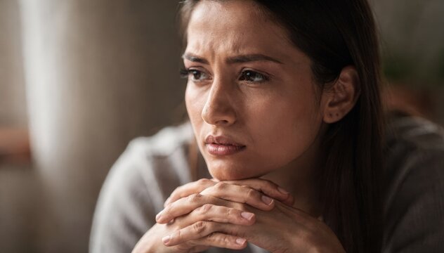 Shot of a woman lost in deep thought her focused expression highlighted by a gently blurred environment creating an introspective mood.