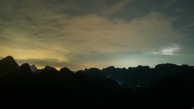 Silhouette of a majestic mountain range against the moody sky, a scene of natural wonder under a starlit atmosphere. 