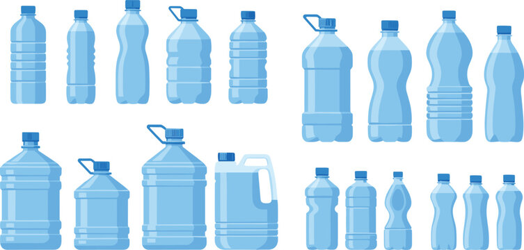 Plastic Water Bottle Container Vector Set with Various Drink Packaging Shapes for Beverage Branding, Hydration Graphics, Recycling Awareness Designs, and Product Mockup Illustration Collections