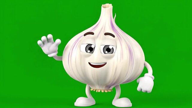 Friendly cartoon garlic bulb waving cheerfully