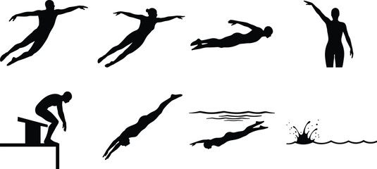 Fototapeta premium Black silhouette diver performing water dive sequence, jumping, swimming underwater, splash motion, aquatic sport, dynamic movement, pool, fitness illustration