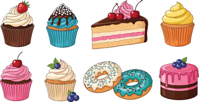 Cute Bakery Dessert Icon Set with Cupcakes Donuts and Layered Cake Slice Illustrations for Sweet Food Menus, Sticker Designs, Packaging Graphics, and Confectionery Branding Elements