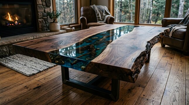 A beautiful, handcrafted live edge walnut wood coffee table features a captivating blue epoxy resin river design, showcasing natural elements and modern craftsmanship.