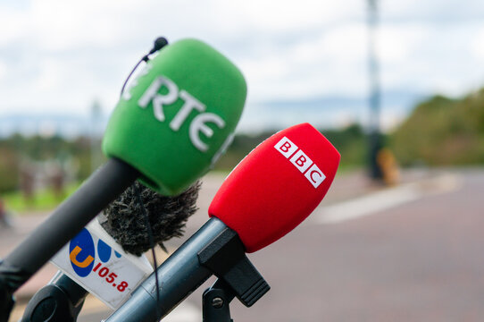 Microphones from UTV, BBC Newsline and RTE