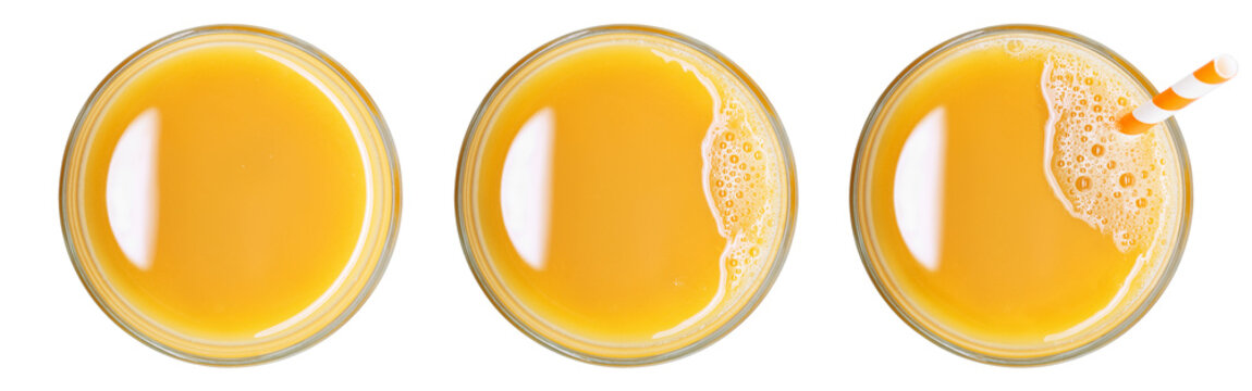 Orange juice glass collection isolated PNG on transparent background. From top view