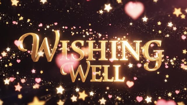 Wishing well animated text with glittering stars and hearts on black
