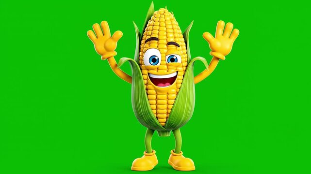 Funny cartoon corn cob mascot waving cheerfully