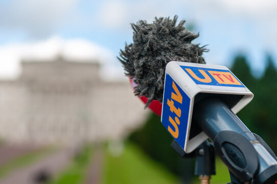 Microphone outside Parliament buildings from UTV live, Ulster Televisions news and current affairs programme.