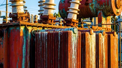 Close up view of a heavily rusted and weathered electrical power transformer exhibiting vibrant orange and teal corrosion textures.