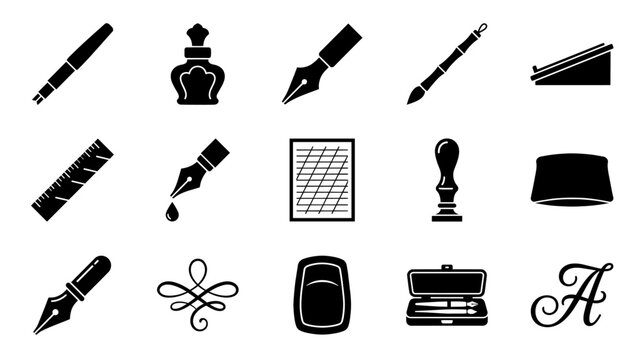 Calligraphy and writing tools silhouette icon set