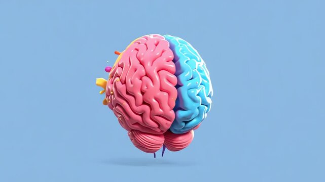 Creative Human Brain with Vibrant Paint Splashes on Blue Background