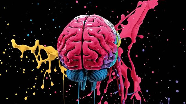 Colorful Creative Brain With Vibrant Paint Splashes On Black Background