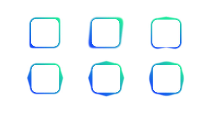 Modern abstract glassmorphism app icon frames set of rounded square border templates. Blue and green gradient for ui ux design