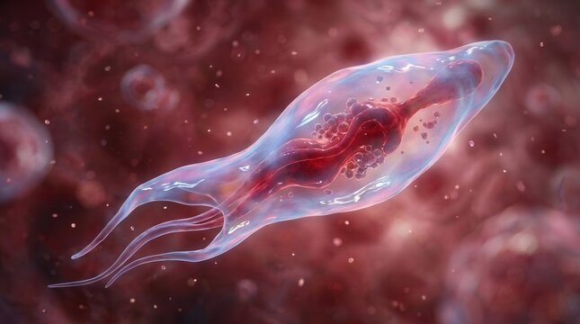 Microscopic Parasite with Flagella in Red Blood Cells Medical Illustration
