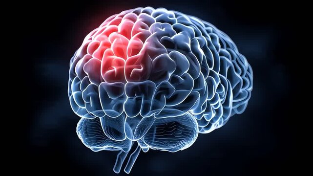 Glowing human brain 3D model with red hotspot on black background