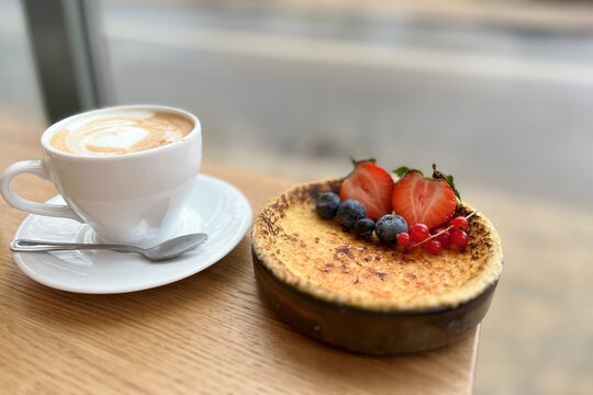 Delicious cr&egrave;me br&ucirc;l&eacute;e with crispy caramel top and berry garnish next to a cappuccino, warm natural light, stylish cafe presentation.