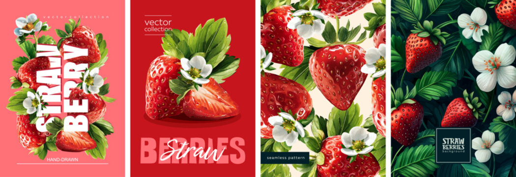 Hand drawn set of designs and patterns. Vectorized gouache illustrations. Illustrations of strawberry with flowers and leaves for poster, prints, menu, card or textile.