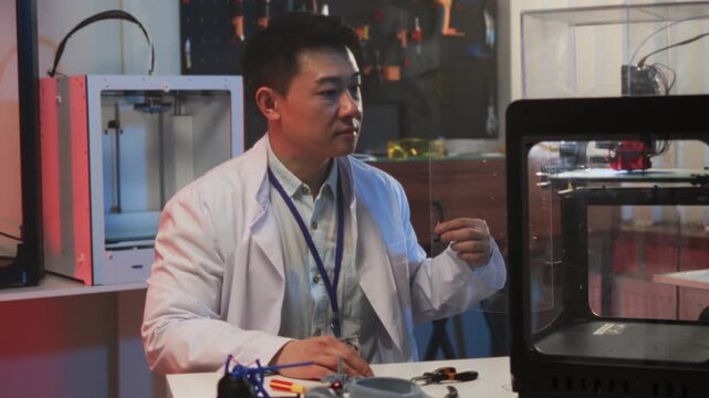Asian innovator eagerly displays prototype using threedimensional printing inside professional studio setting