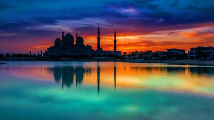 Fototapeta premium Silhouette of the Sheikh Zayed Grand Mosque reflected beautifully in tranquil turquoise water during a dramatic orange and purple sunset