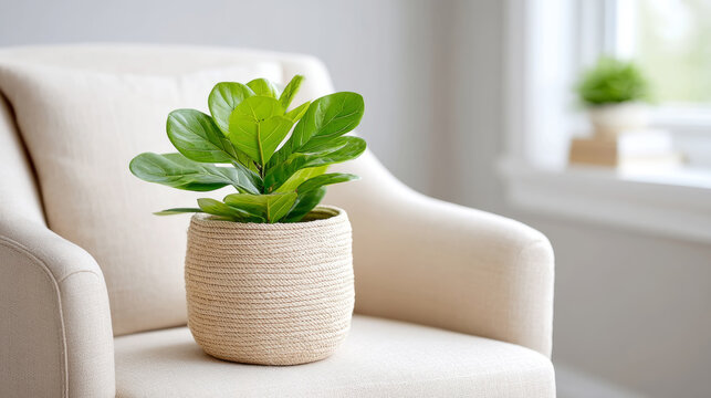 Indoor tranquility with potted green plant in woven basket on cozy armchair