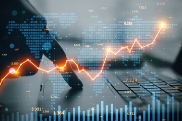 Global financial chart with rising line graph over digital world map background showing market growth and economic analysis concept.