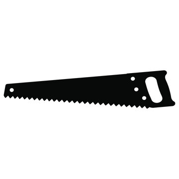 A black silhouette of a handsaw with a handle is shown on a white background.