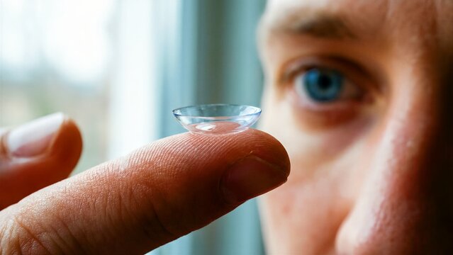 A transparent, soft contact lens delicately rests on the very tip of an index finger, poised for insertion, while a blurred but distinct blue eye of a person peers from the background, symbolizing