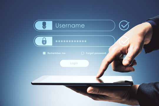 Login interface on touchscreen device with user entering password on light background showing secure access concept login process.