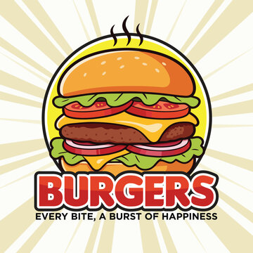 Burger Logo Full Color Bold Outline Vintage Retro Style