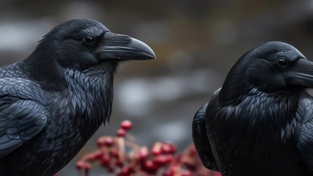 Two Majestic Black Ravens Interacting Near Red Berries
